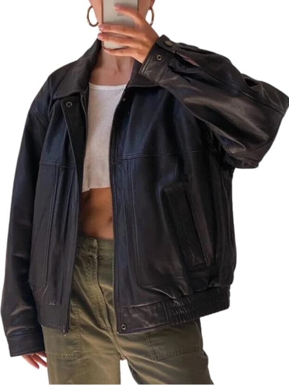 Oversized Black lamb genuine Leather Bomber Jacket - Classic Vintage Style